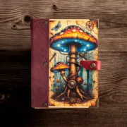 Χειροποίητο Τετράδιο Με Fantasy Μανιτάρι και Λιβελούλες & Δερμάτινο Κούμπωμα