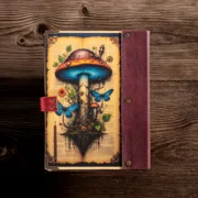 Χειροποίητο Τετράδιο Με Fantasy Μανιτάρι και Λιβελούλες & Δερμάτινο Κούμπωμα - Image 2