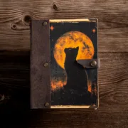 Χειροποίητο Τετράδιο Με Νυχτερινό Cat Moon & Δερμάτινο Κούμπωμα